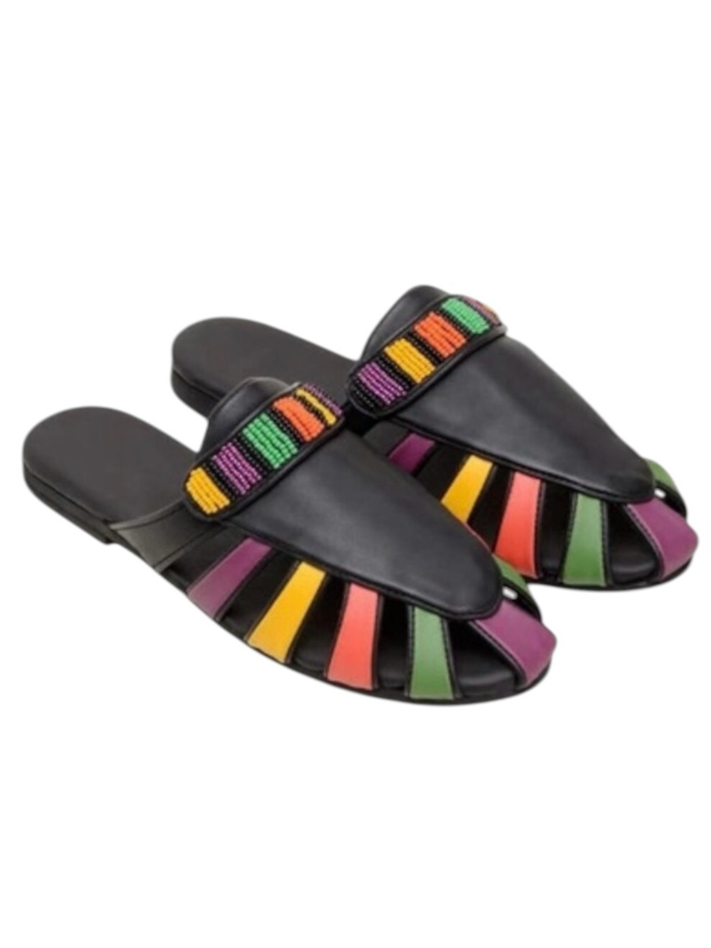 Farm Rio Black Rainbow Beaded Mule Vegan Leather - Size 6.5 US, 37 EU